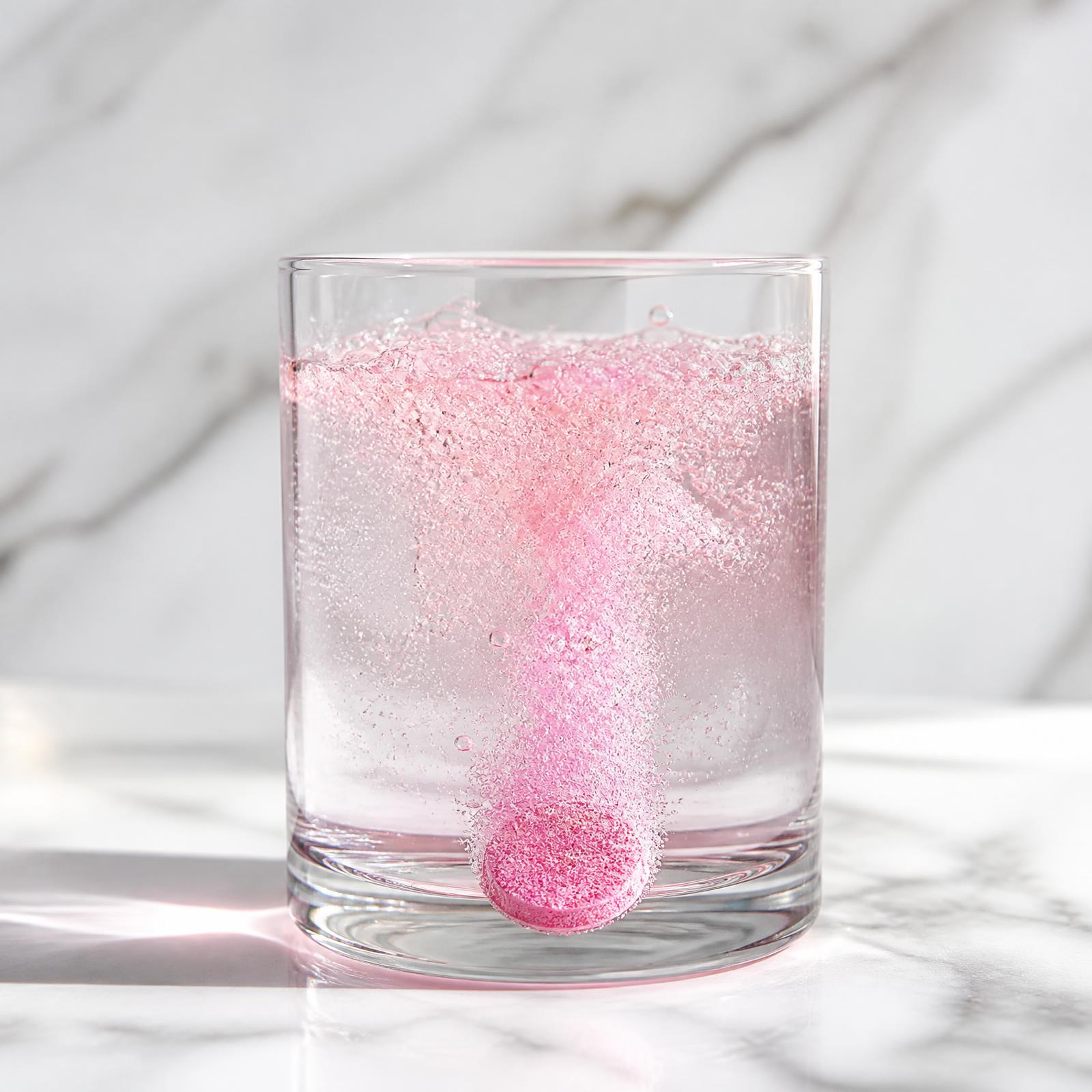 Pink Soaki tablet fizzing in a glass of water