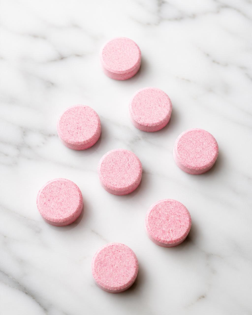 Loose pink Soaki cleaning tablets on a marble surface